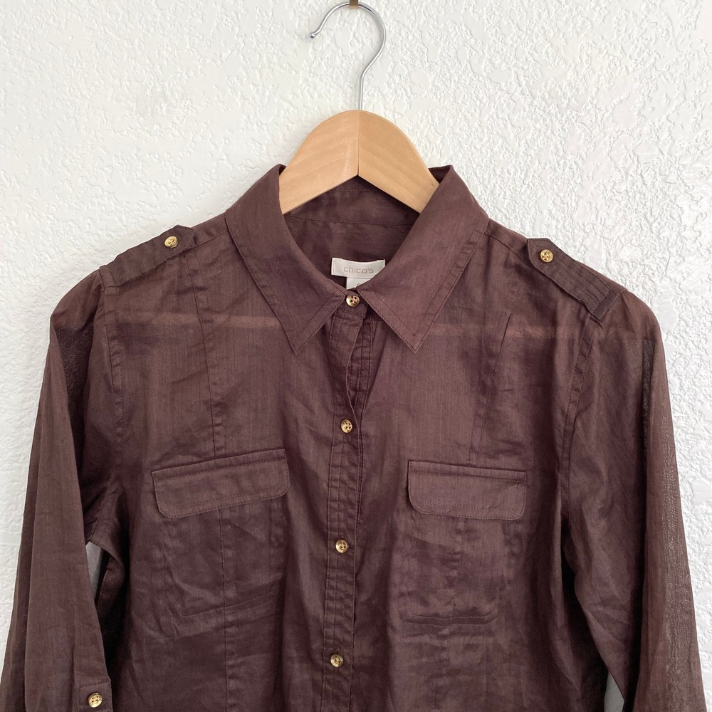 Chico's Brown Ramie Cotton Button Down Roll Tab Long Sleeve Shirt Semi-Sheer - Picture 2 of 7